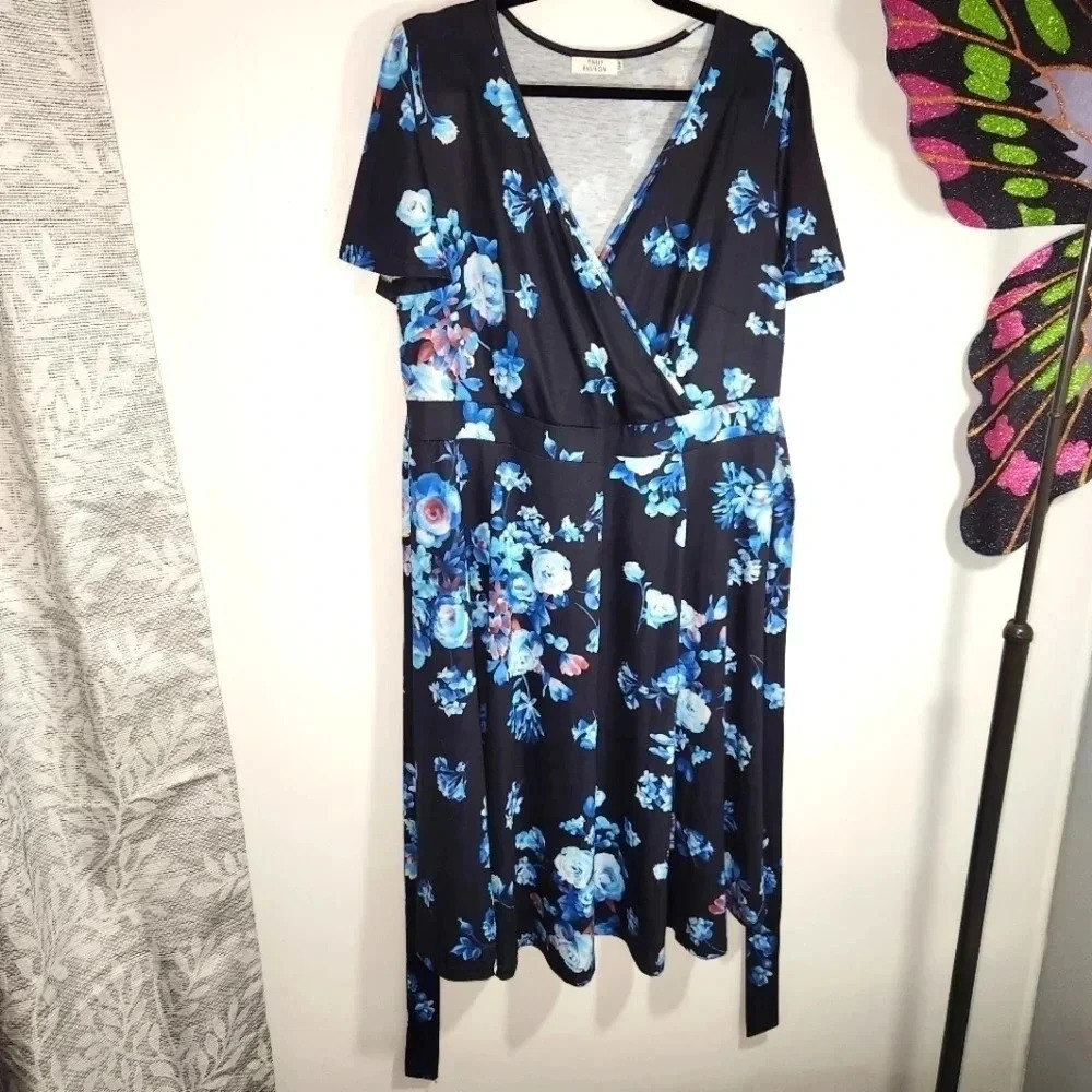 Pinup Dress Wrap Top Blue Roses Flutter Sleeve 18W 18